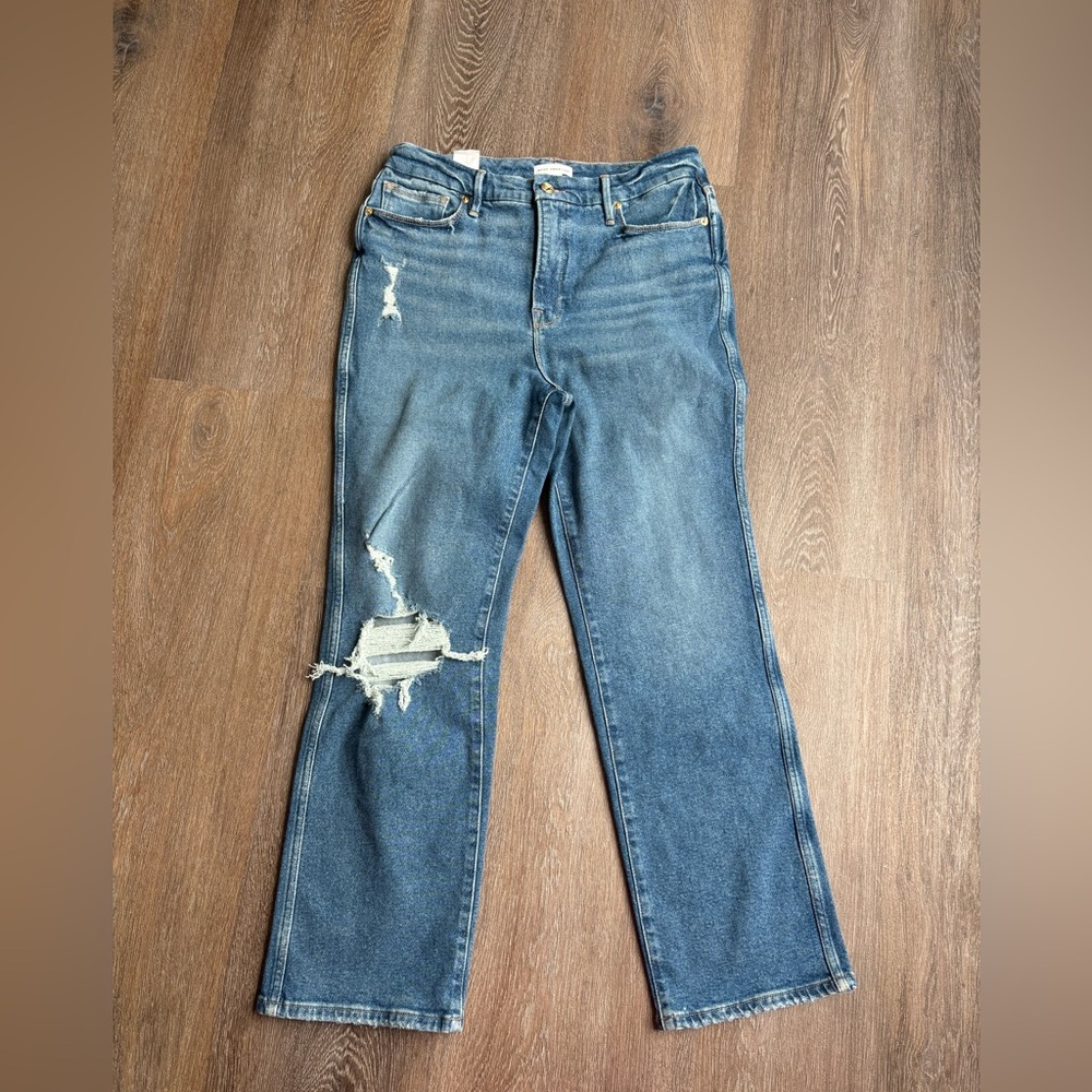 Good American Women's Straight Leg Distressed Blue Jeans
